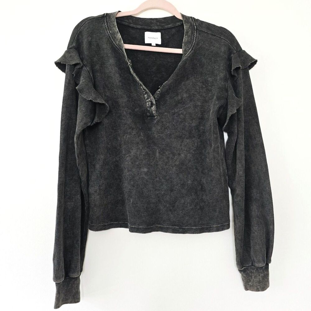 Sundays Henley Charcoal Washed Waffle Knit Long Sleeve Top Size XS Oversized